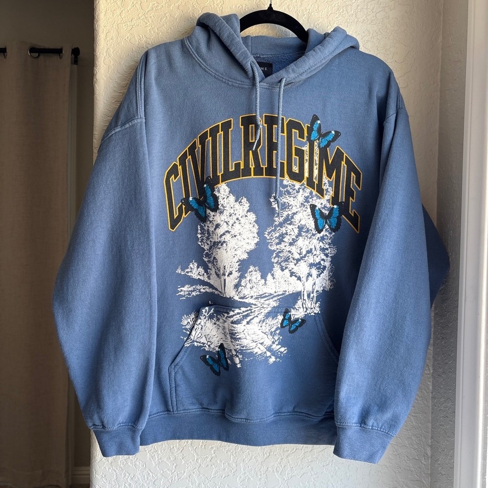 Civil Regime Women L Butterfly Hoodie Blue Graphic Pullover Sweatshirt Cotton
